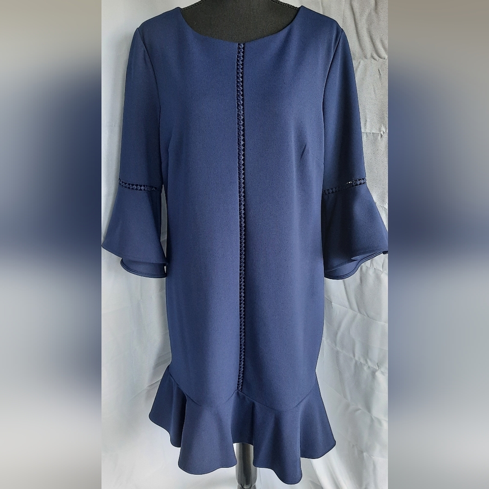 Roz & Ali Navy Blue Dress Sz 14 Bell Sleeve Flutter Hem Knee / Midi Lgth Church
